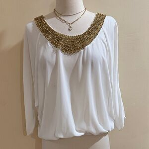 XOXO White Blouson Top with Gold Beaded Neckline